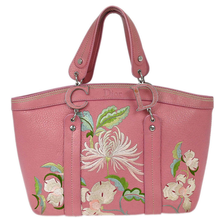 Christian Dior Pink Leather Embroidered Flower Tote Handbag 07-BO-0095 AQ00116