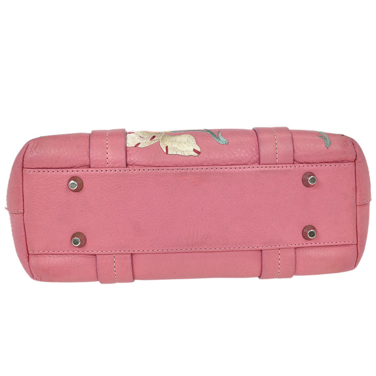 Christian Dior Pink Leather Embroidered Flower Tote Handbag 07-BO-0095 AQ00116