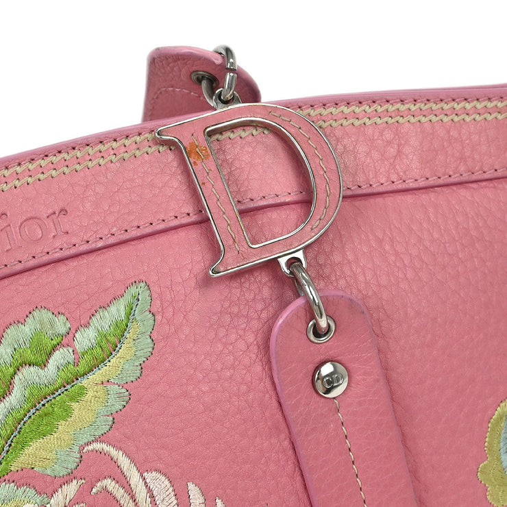 Christian Dior Pink Leather Embroidered Flower Tote Handbag 07-BO-0095 AQ00116