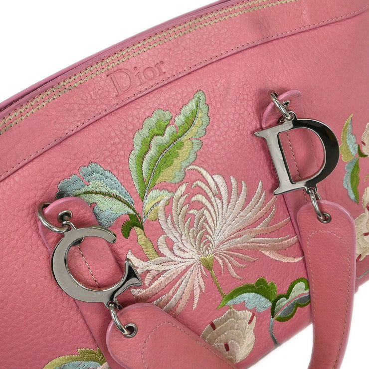 Christian Dior Pink Leather Embroidered Flower Tote Handbag 07-BO-0095 AQ00116