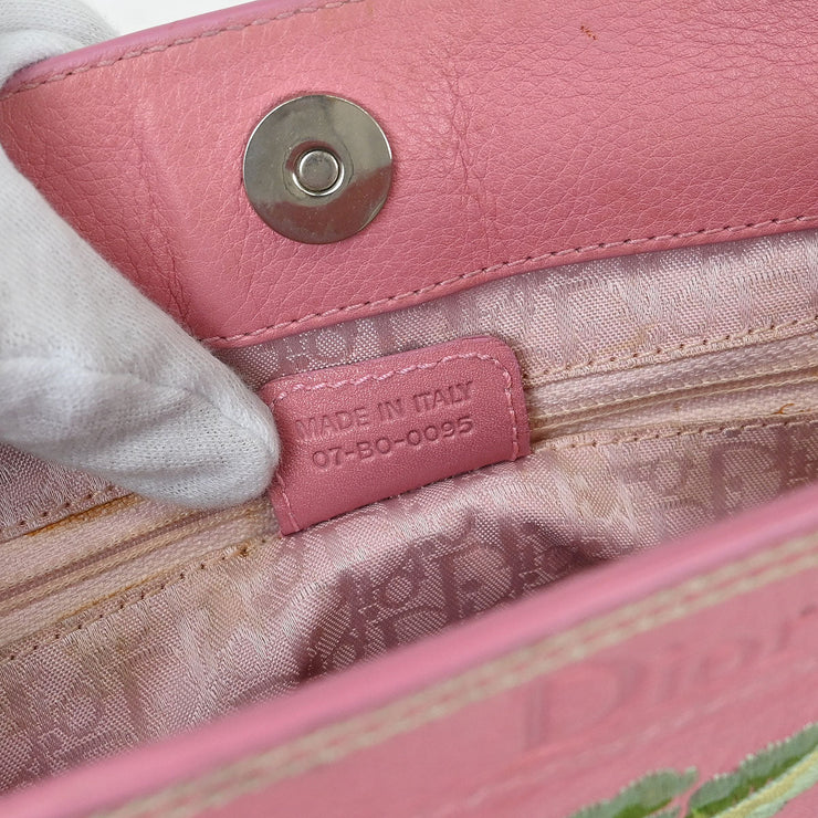 Christian Dior Pink Leather Embroidered Flower Tote Handbag 07-BO-0095 AQ00116