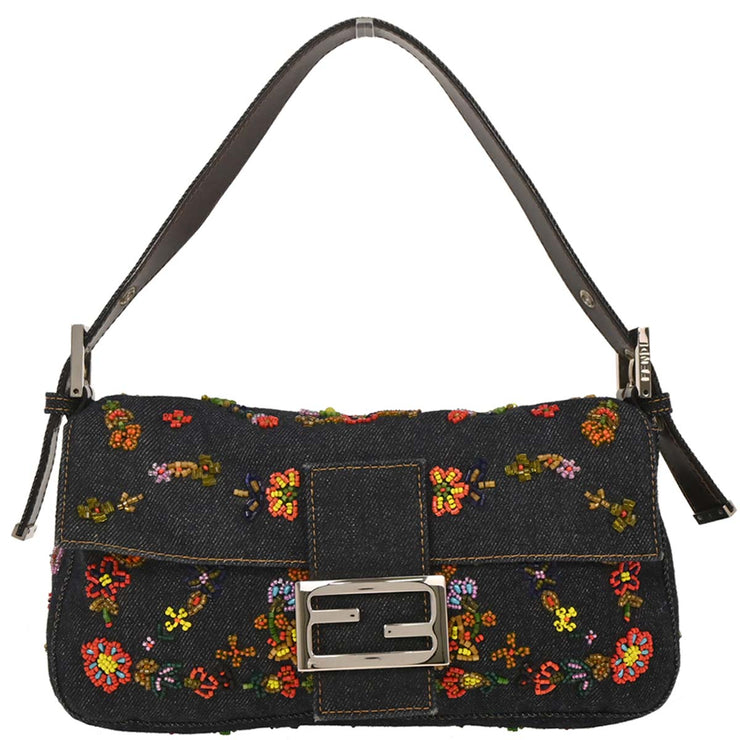 Fendi Blue Denim Beaded Baguette Handbag 2372-26424-008 AQ00225