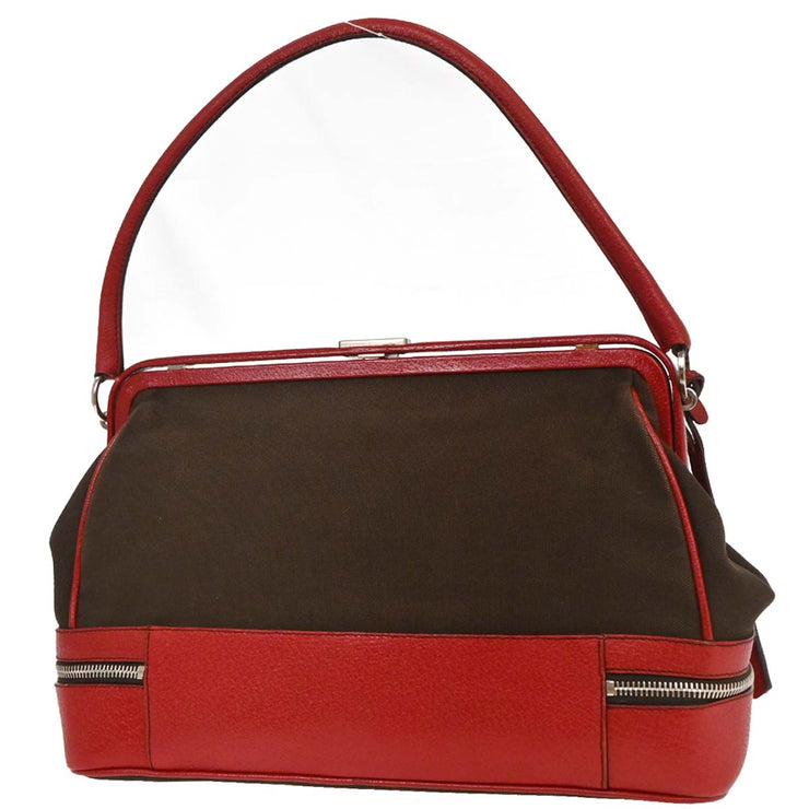 Prada Brown Red Canvas Leather Handbag 117 AQ00325