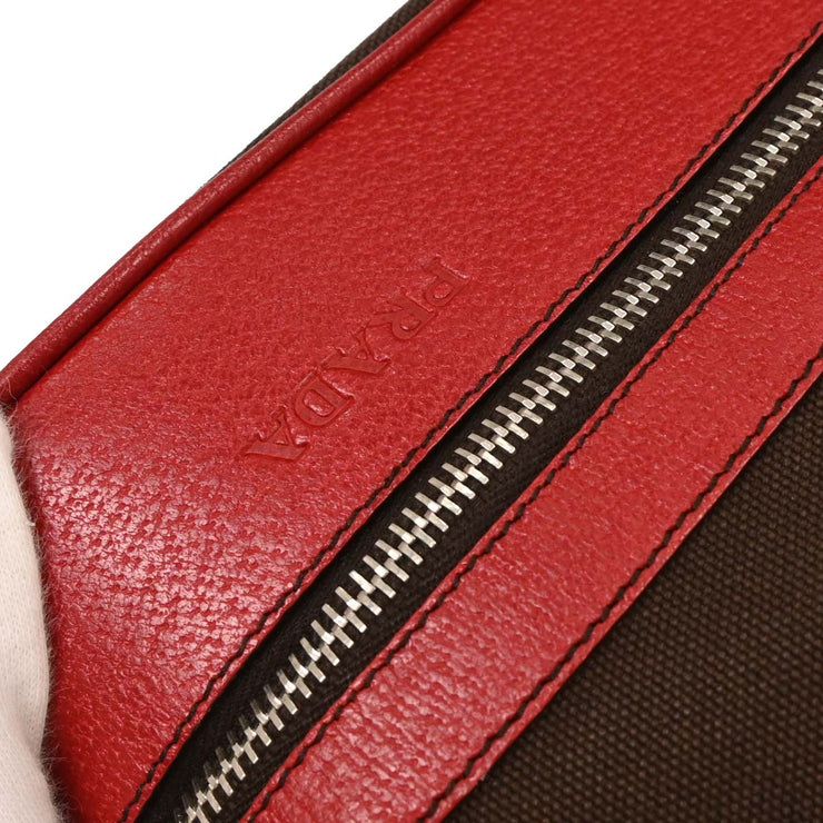 Prada Brown Red Canvas Leather Handbag 117 AQ00325