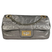 Chanel Silver Perforated Mademoiselle Lock Single Flap Shoulder Bag XX00905