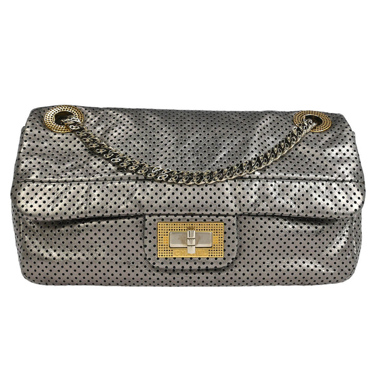 Chanel Silver Perforated Mademoiselle Lock Single Flap Shoulder Bag XX00905