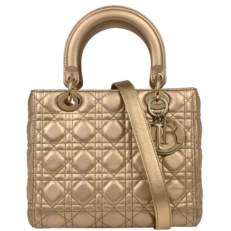 Christian Dior Gold Lambskin Lady Dior Cannage 2way Handbag 18-MA-0158 XX08410