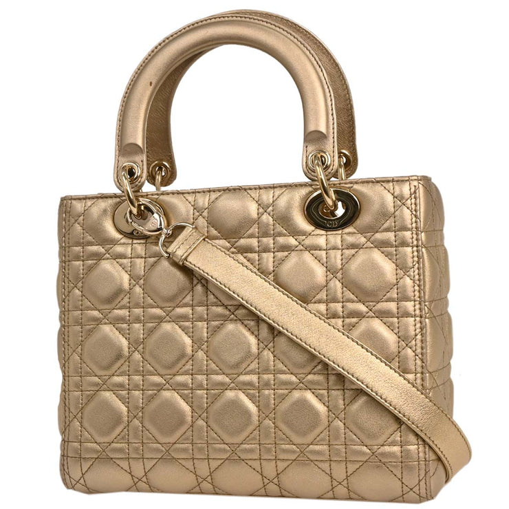 Christian Dior Gold Lambskin Lady Dior Cannage 2way Handbag 18-MA-0158 XX08410