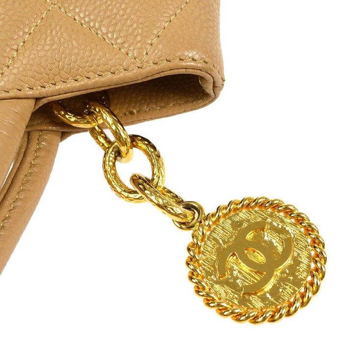Chanel Medallion Quilted Tote Handbag Beige Caviar Skin Purse 78300
