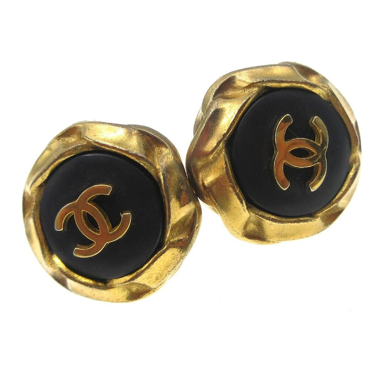 Chanel Button Motif Earrings Black Gold Clip-On 95A Accessories 68028