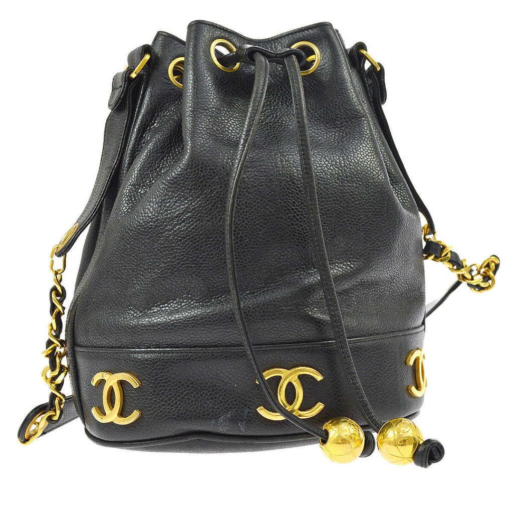 CHANEL CC Drawstring Chain Shoulder Bag Black Caviar Skin Leather