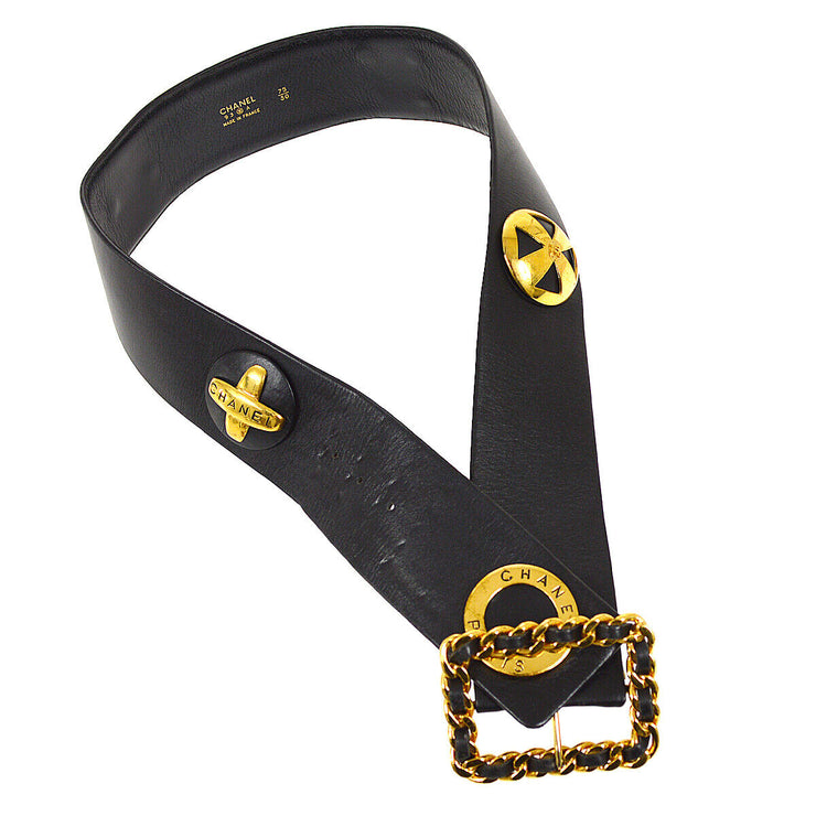 CHANEL Chain Motif Buckle Belt Black Gold Lambskin 93A 75/30  00482