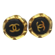 Chanel Button Motif Earrings Black Gold Clip-On 95A Accessories 68028