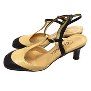 CHANEL CC Logos Ankle Strap Pumps Shoes Beige Black #34 1/2 Bi-Color 02914