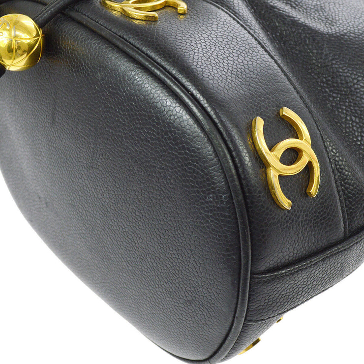 CHANEL CC Drawstring Chain Shoulder Bag Black Caviar Skin Leather S08774e