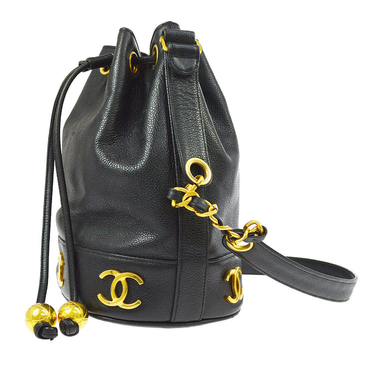 CHANEL CC Drawstring Chain Shoulder Bag Black Caviar Skin Leather S08774e