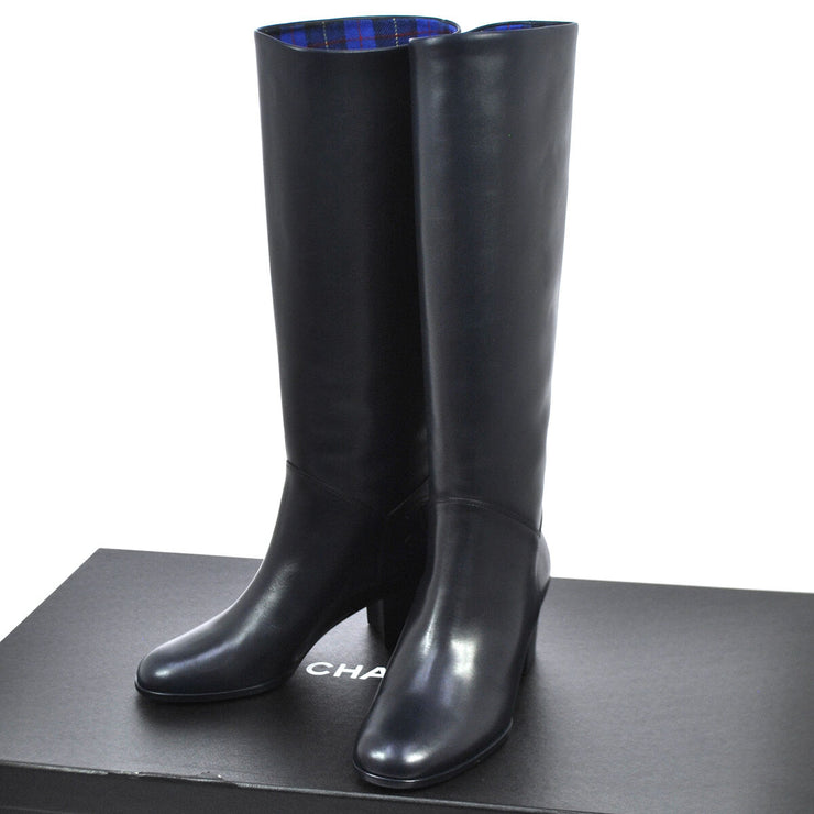 CHANEL CC Logos Long Boots Navy Leather #37 1/2C Vintage Italy A35830d