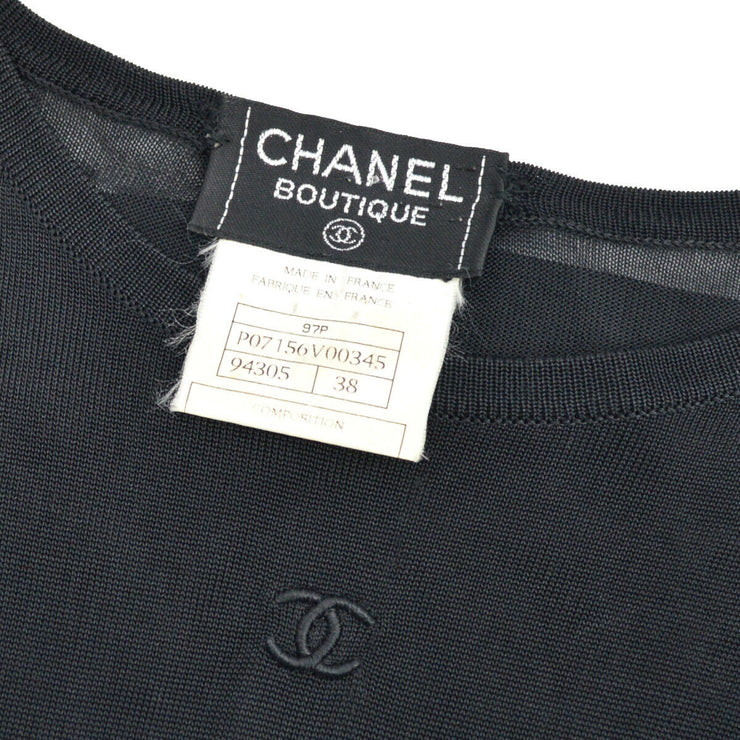 CHANEL 97P #38 CC Logos Round Neck Short Sleeve Tops T-Shirt Black 35542