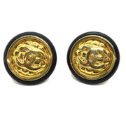 CHANEL CC Logos Button Motif Quilted Earrings Gold Black Clip-On 00695