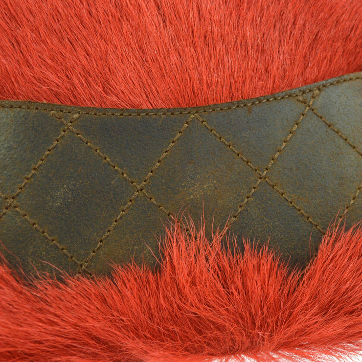 CHANEL Quilted CC Chain Shoulder Wallet Bag Red Brown Suede Fur RK13522b