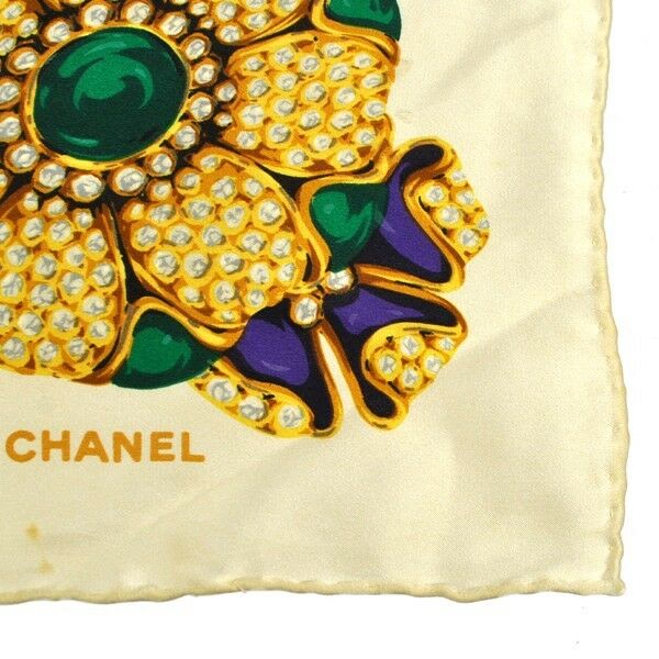 CHANEL CC Logos Big Scarf Handkerchief White Gold Vintage T02352