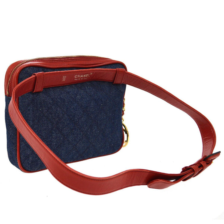 CHANEL Quilted CC Belt Waist Bum Bag Red Denim Leather 1743698 Purse 00954