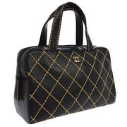 CHANEL Wild Stitch CC Hand Bag Purse 6558410 Black Leather Vintage JT08652b