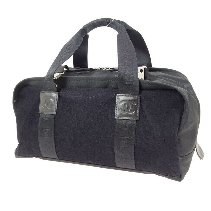 CHANEL Sport Line CC Boston Hand Bag Purse Black Wool Leather 9273076 02446