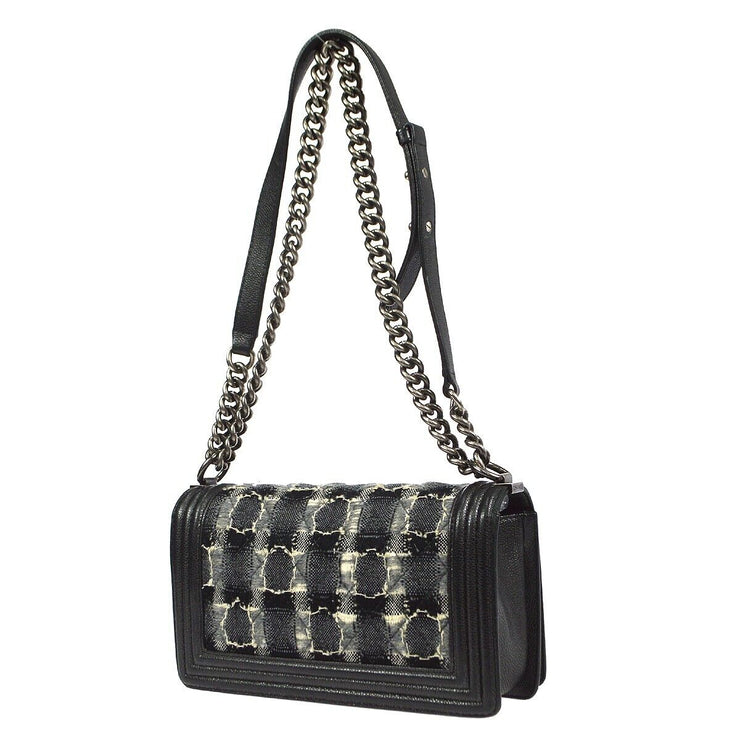 Boy Chanel Double Chain Shoulder Bag Black Tweed Caviar Skin 18463510 46550