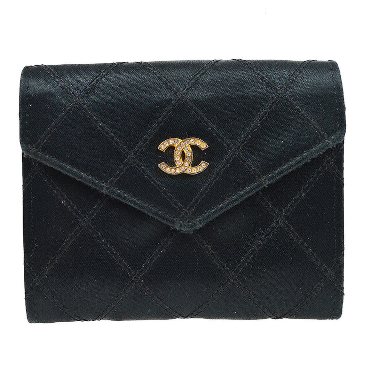CHANEL CC Logos Bicolore Quilted Coin Wallet Black Satin 82614