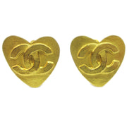 CHANEL CC Logos Heart Motif Earrings Clip-On Gold-Tone 95P Accessories 31497