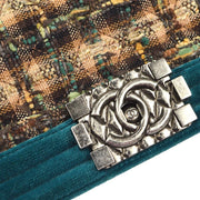 Boy Chanel Double Chain Shoulder Bag Blue Tweed Velvet 18256805 88089