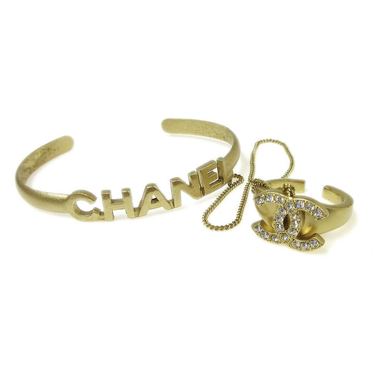 CHANEL CC Logos Rhinestone Bangle Chain Ring #6 Gold-Tone 01C Vintage 03664