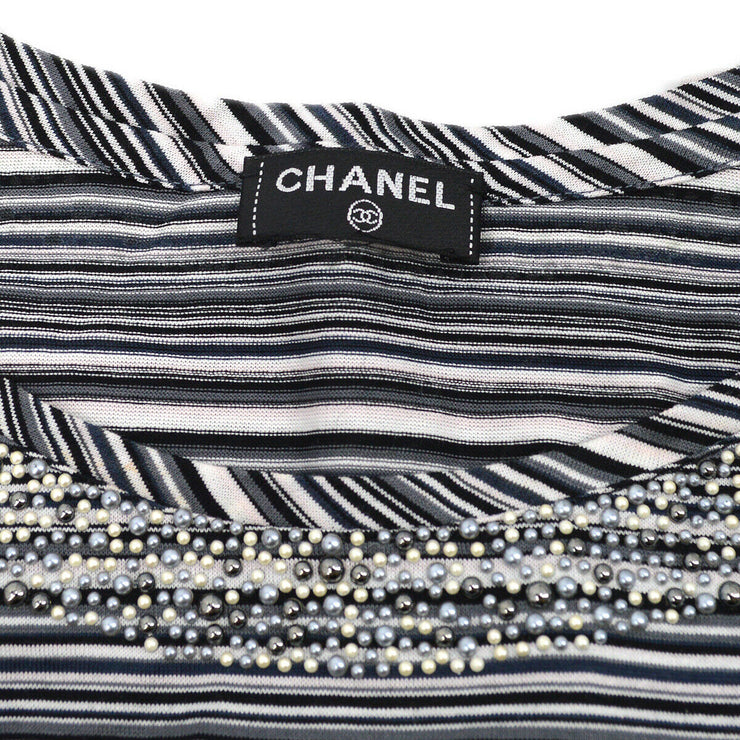 CHANEL CC Striped Round Neck Short Sleeve Tops T-Shirt Black Gray White 02381