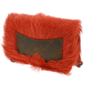 CHANEL Quilted CC Chain Shoulder Wallet Bag Red Brown Suede Fur RK13522b
