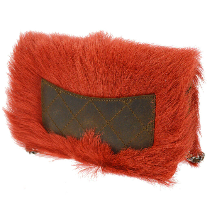 CHANEL Quilted CC Chain Shoulder Wallet Bag Red Brown Suede Fur RK13522b