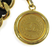 CHANEL CC Logos Medallion Gold Black Chain Belt Leather Accessories 02038