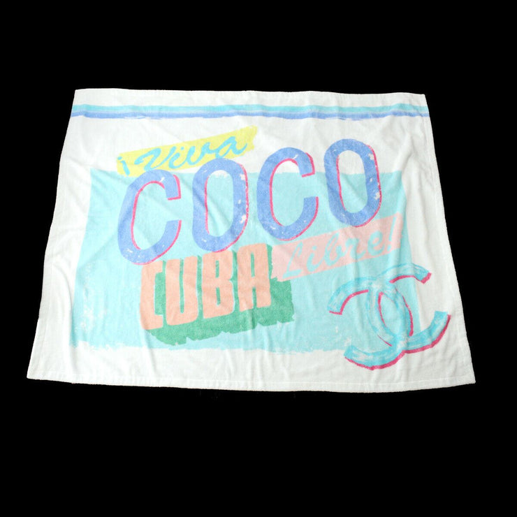 CHANEL CC Logos Beach Towel Light Blue White 100% Cotton Italy 03360