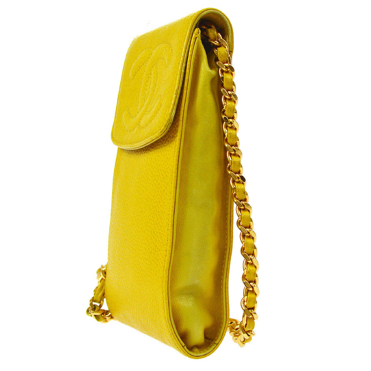 CHANEL CC Chain Shoulder Bag Phone Case Yellow Caviar Skin Leather AK16613h