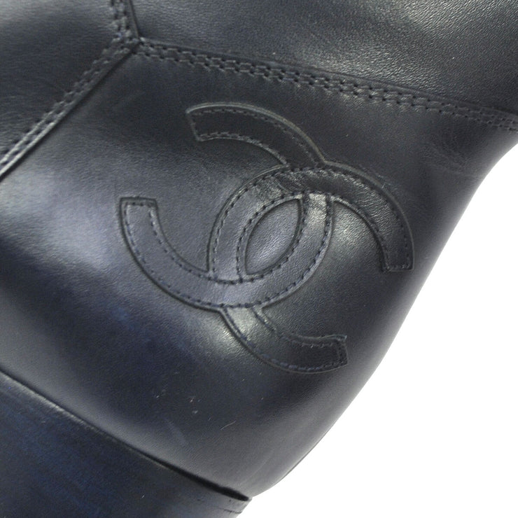 CHANEL CC Logos Long Boots Navy Leather #37 1/2C Vintage Italy A35830d