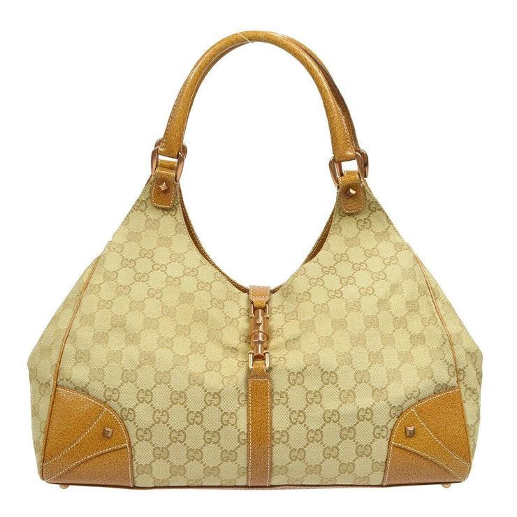 GUCCI New-Jackie GG Pattern Handbag Beige Canvas Leather 124404 002058 45166