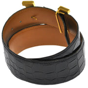 HERMES H Buckle Vintage Belt Crocodile Porosus Black Gold France K07976i