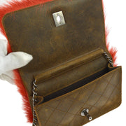 CHANEL Quilted CC Chain Shoulder Wallet Bag Red Brown Suede Fur RK13522b