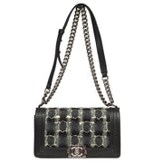 Boy Chanel Double Chain Shoulder Bag Black Tweed Caviar Skin 18463510 46550