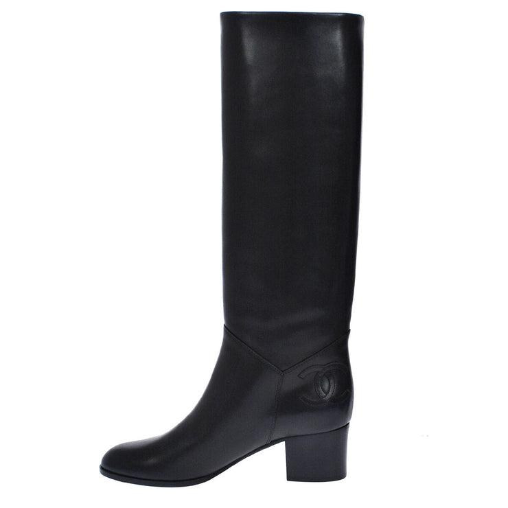 CHANEL CC Logos Long Boots Navy Leather #37 1/2C Vintage Italy A35830d