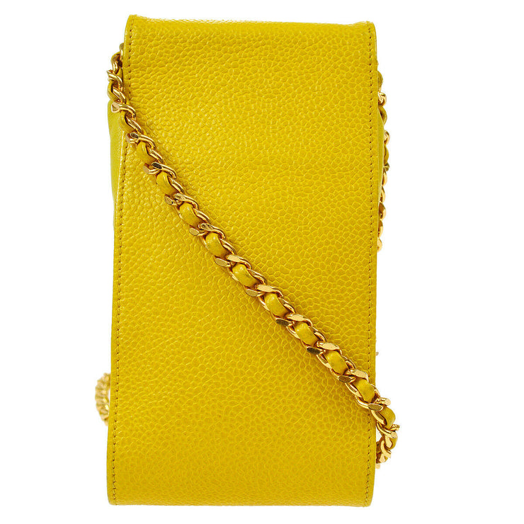 CHANEL CC Chain Shoulder Bag Phone Case Yellow Caviar Skin Leather AK16613h