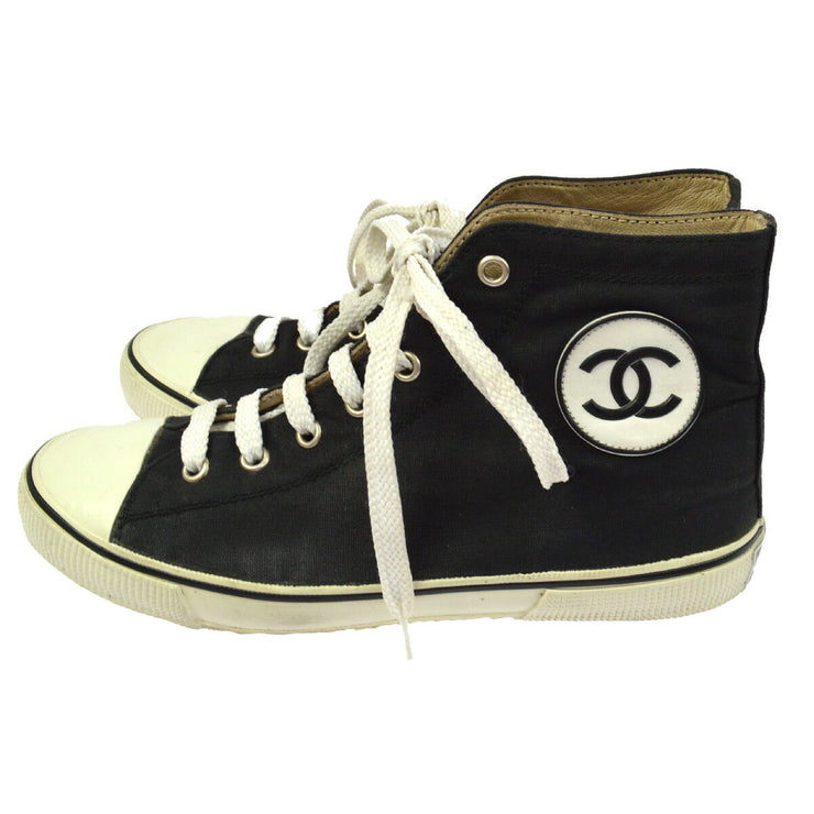 CHANEL Vintage CC Logos Sneakers Shoes Black Canvas #36 AK35532g