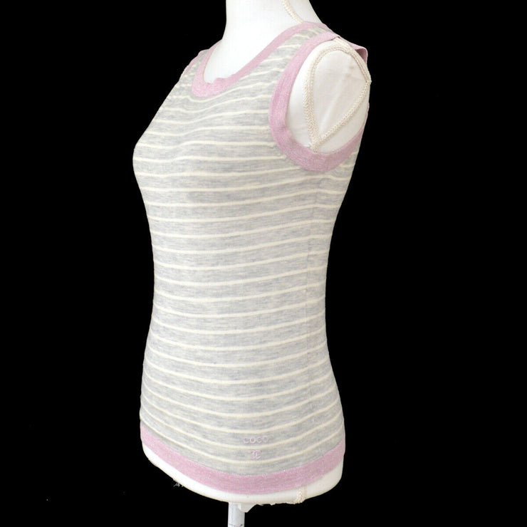 CHANEL 09C #36 Round Neck Striped Sleeveless Knit Tops Gray Pink 00904