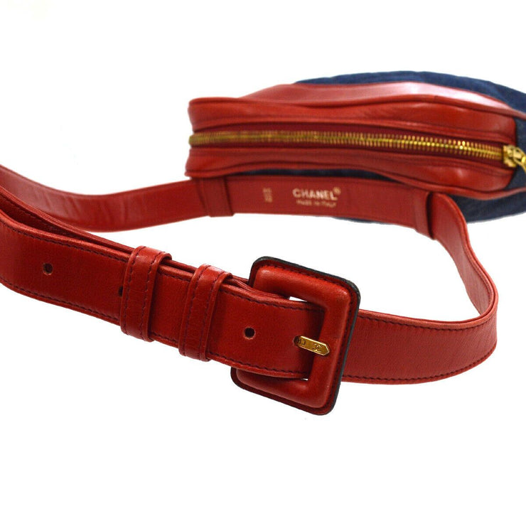 CHANEL Quilted CC Belt Waist Bum Bag Red Denim Leather 1743698 Purse 00954